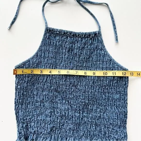 American Eagle Smocked Blue Denim Halter Top - Picture 8 of 10